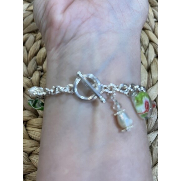 MURANO Glass Red & Green Fresh Water Pearl Charm Bracelet 7in - Picture 3 of 9